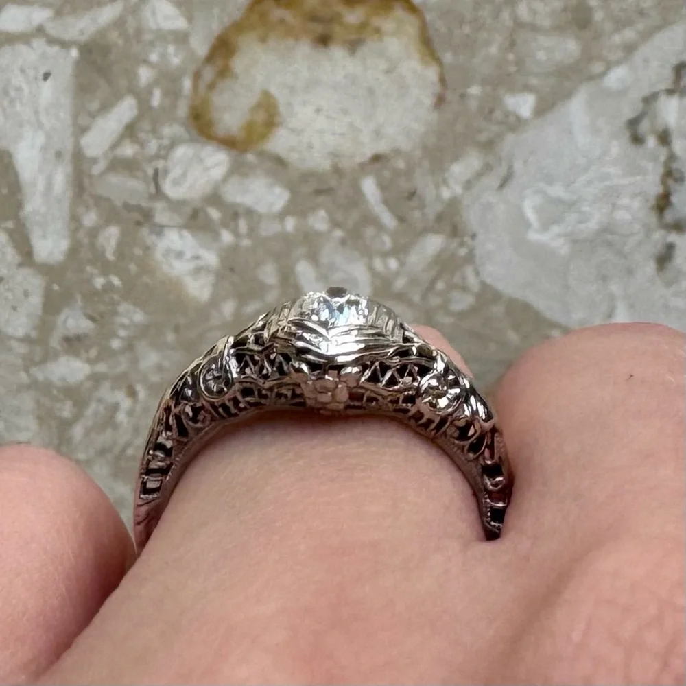 Antique Filigree 14k White Gold Old Mine Cut Diamond Engagement Ring - Picture 14 of 16